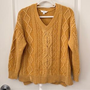 ✨ Time and Tru Mustard Cable Knit Sweater | Size LG | Chunky V-Neck Pullover 🍂✨